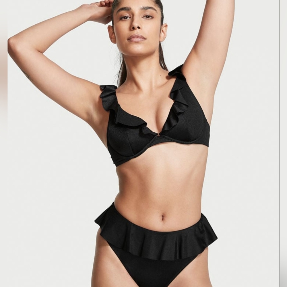 Victoria's Secret-New-Ruffle Plunge Top & Ruffle High Waist Bikini Bottom